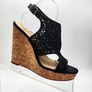 Lucky Brand Raziah Women's Black Lace Wedge Open Toe Platform Sandals Size 10 M